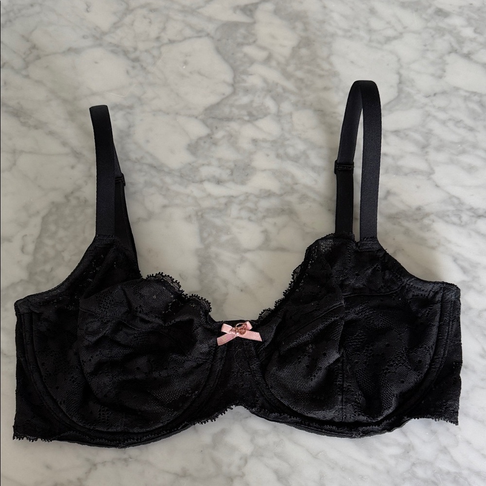 Victoria's Secret Black Lace Underwire Bra with Pink Bow Accent